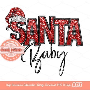 Santa Baby Sequin PNG, Original Xmas Faux Embroidery with Red and Black Glitter Santa Hat Sublimation & DTF T Shirt Design Digital Download