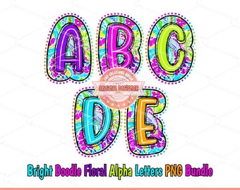 Bright Doodle Letters PNG Bundle, Hand Drawn Colorful Paisley Floral Alpha A-Z Set Clipart Neon Trendy Alphabet Sublimation Digital Download