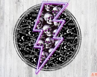 Gothic Frame Achtergrond PNG Sublimatie Design, Mystieke Galaxy ruimte met paarse Bliksemschicht, schedels, maan en sterren goth shirt Design