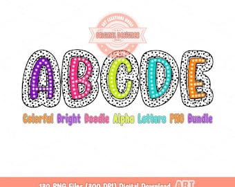 Colorful Dalmatian Letters PNG Bundle, Hand Drawn Bright Doodle Alpha A-Z Set Clipart Marquee Dots Alphabet Sublimation Digital Download