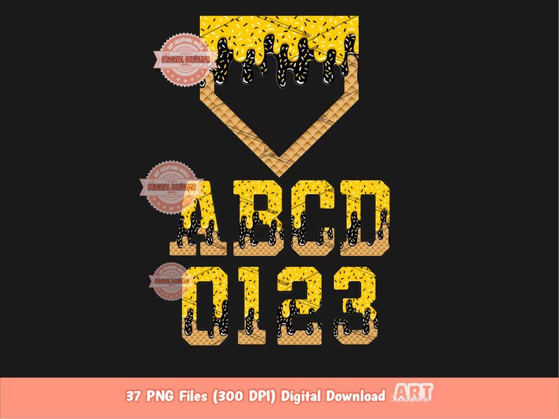 Drippy Sports Alphabet PNG Bundle, Drip Gold & Black Ice Cream Baseball ...
