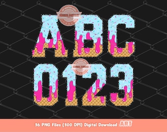 Sprinkle Drip Varsity Alphabet PNG, Drippy Pink & Blue Ice Cream Sports letters, numbers 0-9 Clipart, Waffle Cone Alpha Set Digital Download