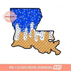 Koningsblauwe witte strooi Louisiana PNG, aangepaste Drippy Ice Cream US State Waffle Cone sublimatie, dtf, shirt ontwerp digitale download
