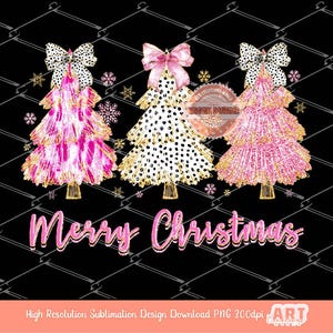 Coquette Merry Christmas PNG, Hand Drawn bright Paint Brush Stroke Tree Dalmatian Bow gold glitter Pink Shirt Design Sublimation & Dtf file