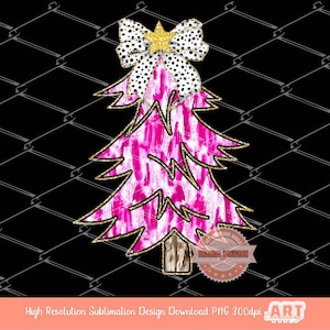 Pink Coquette Gold Glitter Christmas Tree PNG, Hand Drawn bright Paint Brush Stroke Tree Dalmatian Bow Shirt Design Sublimation & Dtf file