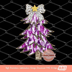 Purple Coquette Gold Glitter Christmas Tree PNG, Hand Drawn Dalmatian Bow Shirt Design bright Paint Brush Stroke Sublimation & Dtf file