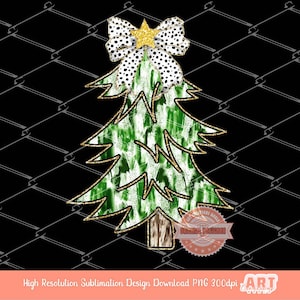 Green Coquette Gold Glitter Christmas Tree PNG, Hand Drawn Dalmatian Bow Girls Shirt Design bright Paint Brush Stroke Sublimation & Dtf file