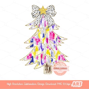 Colorful Coquette Gold Christmas Tree PNG, Hand Drawn Dalmatian Bow Girls Shirt Design bright Paint Brush Stroke Sublimation & Dtf file