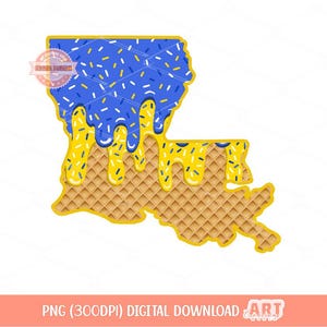 Goteo de chispas de oro azul de Luisiana PNG, cono de waffle de helado con goteo personalizado de EE. UU. PNG para sublimación y diseño de camiseta dtf, descarga digital
