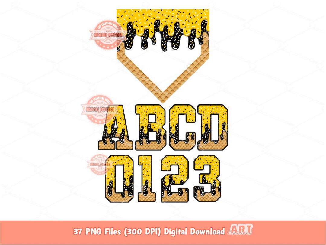 Drippy Sports Alphabet PNG Bundle, Drip Gold & Black Ice Cream Baseball ...