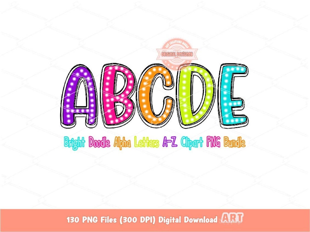 Neon Doodle Letters PNG Bundle, Bright Colorful Hand Drawn Alpha Set ...