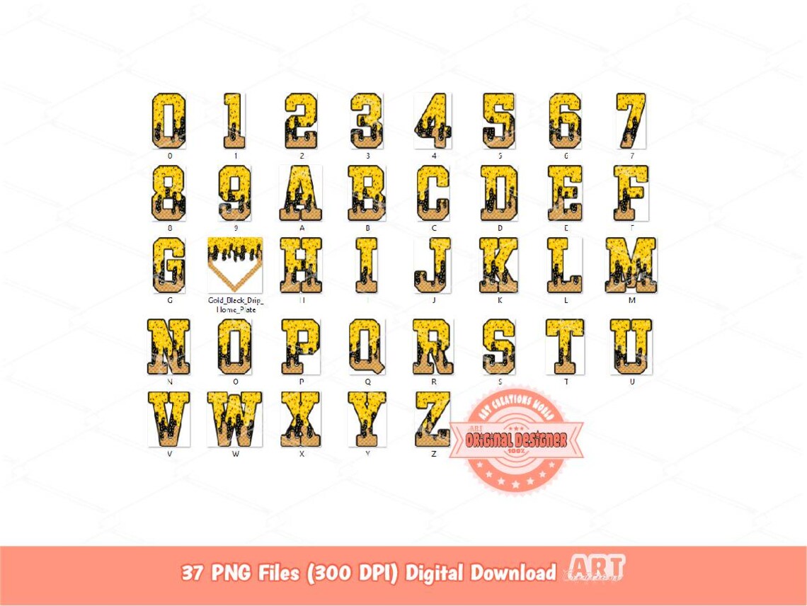 Drippy Sports Alphabet PNG Bundle, Drip Gold & Black Ice Cream Baseball ...