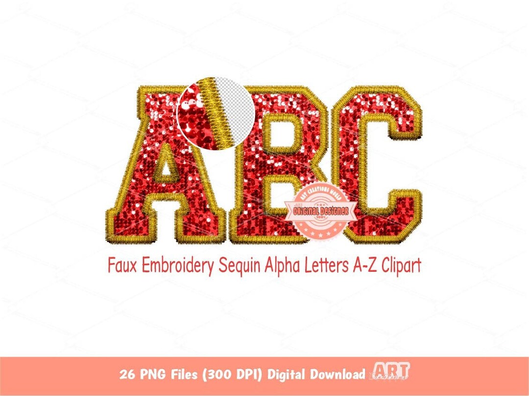 Gold and Red Faux Embroidery Sequin Letters PNG, Original Designer ...