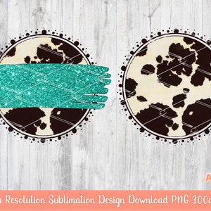 Puede incluir: Dos diseños de sublimación redondos con un patrón de estampado de vaca en blanco y negro. Un diseño tiene un trazo de pincel de purpurina turquesa en el centro. Ambos diseños tienen un borde de puntos blancos y negros.