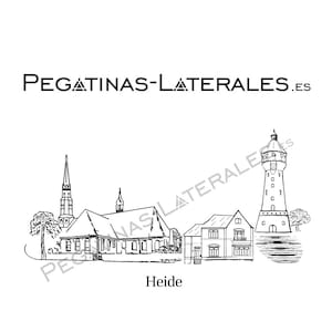 May include: Black and white line drawing of a church, a house, and a tower in a small town. The text "Heide" is below the buildings.