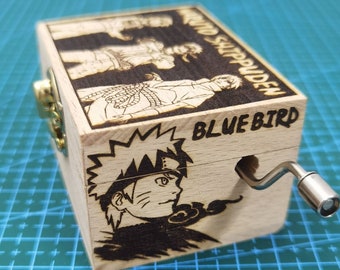 Boîte à musique sur le thème de l'anime japonais, oiseau bleu, tristesse et chagrin, cadeau vintage fait main en bois gravé