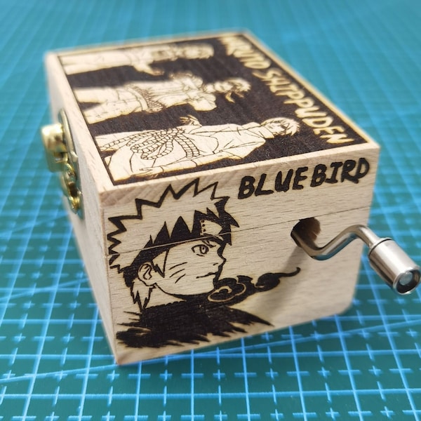 Boîte à musique sur le thème de l'anime japonais, oiseau bleu, tristesse et chagrin, cadeau vintage fait main en bois gravé