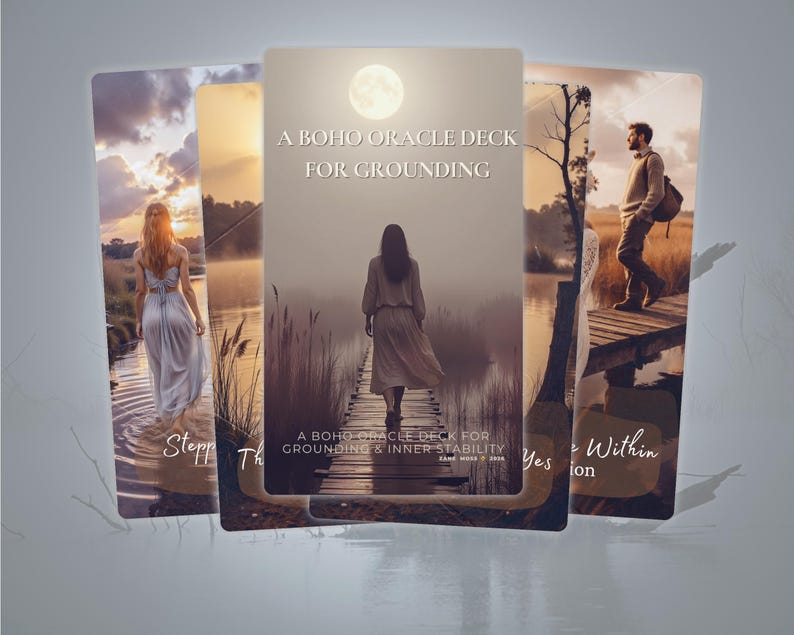 Three Grounded Soul Oracle cards with misty marsh landscapes and a figure walking along a wooden path beneath the moon.
