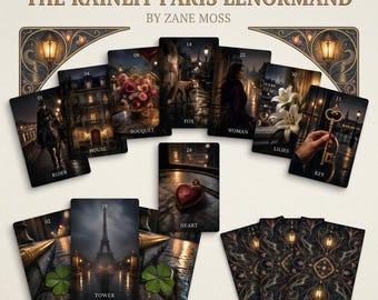 以下が含まれることがあります： Zane Mossによる「The Rainlit Paris Lenormand」デッキは、パリの暗く雰囲気のある風景が描かれたカードです。騎士、家、花束、狐、女性、百合、鍵、塔、ハート、クローバーのカードと、ランタンのモチーフが施された装飾的なカードの裏面が含まれています。
