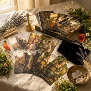Può includere: Un mazzo di tarocchi Golden Grove con carte illustrate raffiguranti scene ispirate alla natura, un sacchetto in velluto nero, un campanello in ottone e cristalli di quarzo trasparente in una ciotola, disposti su una superficie in tessuto.