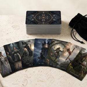 Op de afbeelding: Een set tarotkaarten met donkere, gedetailleerde fantasy-illustraties, inclusief een stapel kaarten met een cirkelvormig geometrisch ontwerp op de achterkant en een zwart fluwelen buidel met trekkoord. Zeven kaarten zijn uitgewaaierd en tonen scènes met figuren, landschappen en symbolen, voorzien van Romeinse cijfers en titels.