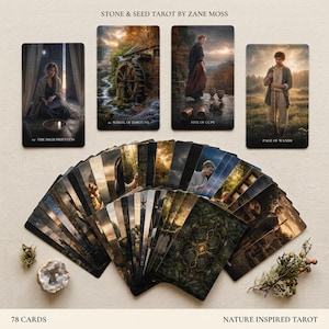 Op de afbeelding: Een 78-kaarten Stone & Seed Tarot-deck van Zane Moss met op de natuur geïnspireerde afbeeldingen. Vier kaarten staan rechtop, waaronder The High Priestess, Wheel of Fortune, Five of Cups en Page of Wands, naast een waaier van kaarten.