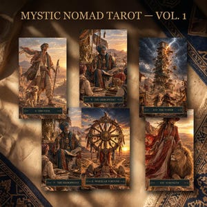 Könnte beinhalten: Mystic Nomad Tarot Vol. 1 Kartendeck mit sechs Karten: 0 Der Narr mit Wanderer und Hund, V Der Hierophant, XVI Der Turm bei einem Blitzeinschlag, X Das Rad des Schicksals und VIII Die Kraft mit einer Figur und einem Löwen in der Wüste.