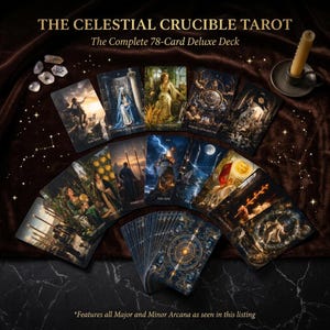 Peut inclure: Le Celestial Crucible Tarot, un jeu complet de 78 cartes de luxe, présente des illustrations sombres et atmosphériques sur chaque carte. Le jeu comprend des cartes des arcanes majeurs et mineurs avec des images célestes et fantastiques.