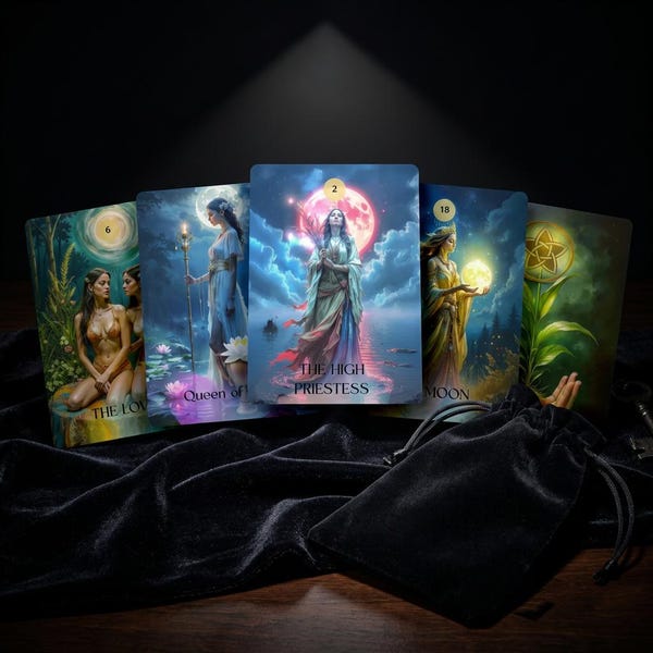 Five Whispers of the Moon Tarot cards arranged on black fabric, showing The Lovers, Queen of Cups, The High Priestess, The Moon and Ace of Pentacles.
