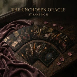May include: The Unchosen Oracle by Zane Moss deck of cards featuring dark, moody illustrations of interior scenes and objects. The cards are fanned out on a wooden surface next to a mauve velvet cloth and scattered rose petals, with a keyhole design.