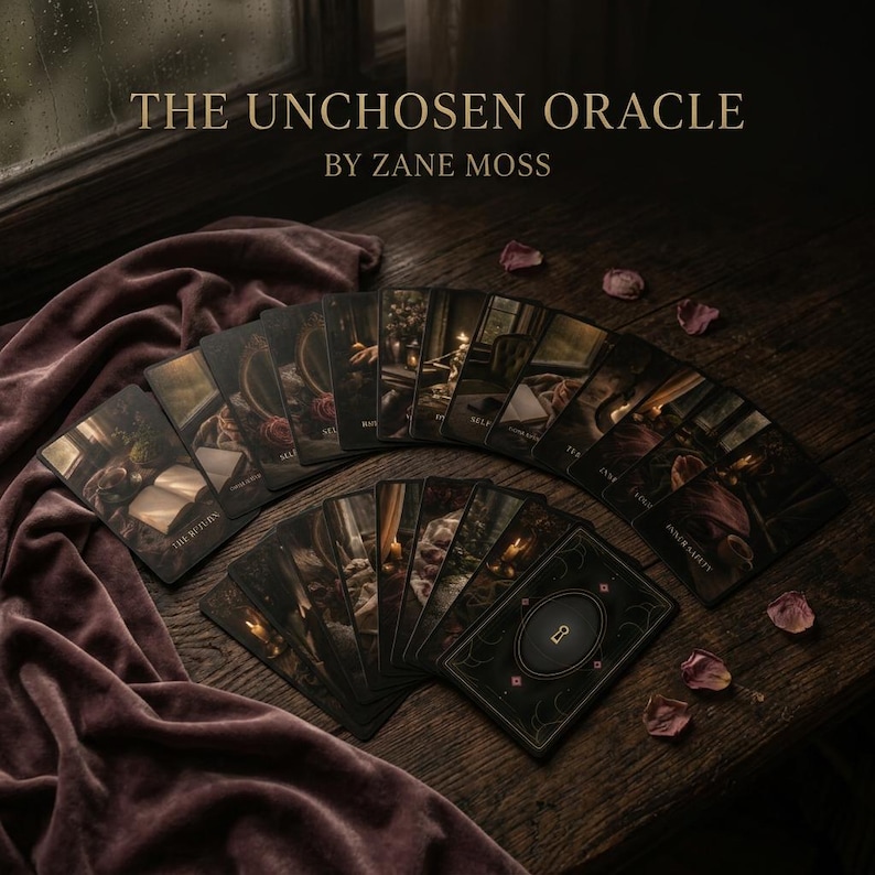 The Unchosen Oracle cards fanned on a wooden surface beside mauve velvet and scattered rose petals.