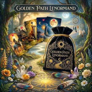 May include: A black velvet drawstring pouch with gold foil sun and path illustrations, labeled Golden Path Lenormand, accompanied by four illustrated oracle cards, scattered crystals, and feathers in a forest setting with flowers.