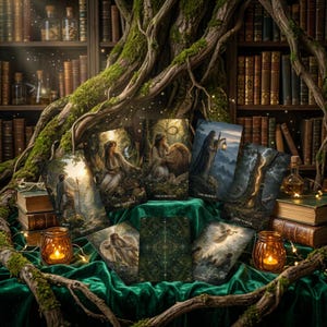 May include: A set of tarot cards featuring detailed fantasy illustrations, including The Empress, The Strength, The Hermit, and The Tower, displayed on a green velvet cloth with two amber glass candle holders and glowing fairy lights.