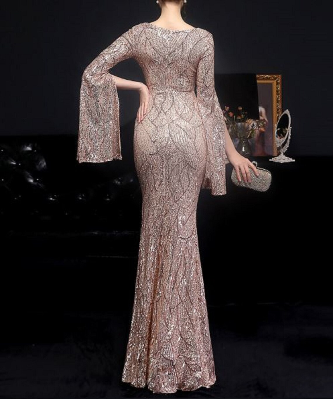 Elegant Party Maxi Dress Gold Sequin Evening Dress Women Long Sleeve Prom Dress