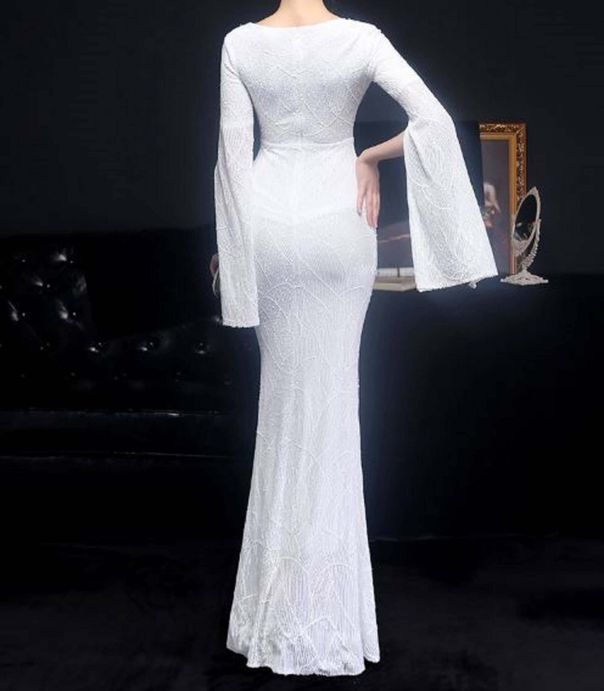 Elegant Maxi Dress Gold Sequin Evening Dress Women Formal Long Sleeve Beads Party Prom Dress
