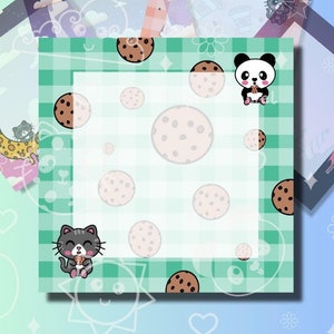 May include: A set of four green and white gingham sticky notes with a panda and a cat holding ice cream cones. The notes are decorated with brown cookie designs. The text "Sticky Notes" is at the top of the image.