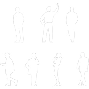 Puede incluir: Dibujo de línea de seis personas en diferentes poses. Las personas están todas mirando en diferentes direcciones y están en varias etapas de movimiento.