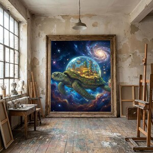 May include: A large framed artwork depicts a fantastical scene. A giant turtle with a city on its back floats through a nebula. The city is enclosed in a glass dome, and the background is a swirling galaxy with stars.