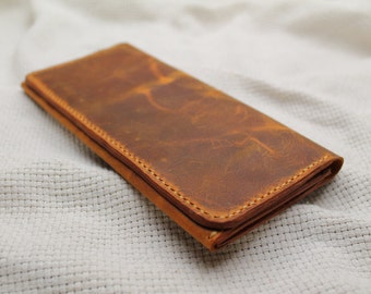 camel long leather wallet, natural leather wallet, Leather Bifold Long Wallet