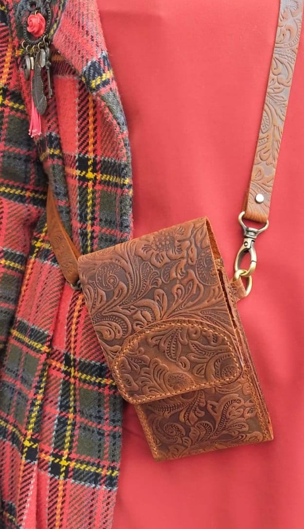 Leather Phone bag, Embossed leather crossbody bag