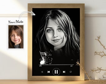 Personalized MP3 portrait, music player face photo, MP3 portrait, black and white song illustration, musical portrait, teen gift idea