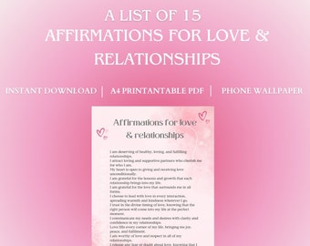 List of Love & Relationship Affirmations, Positive Affirmations Printable, Daily Affirmations, A4 PDF, Phone Wallpaper, Instant Download