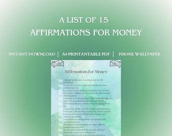 Lista de afirmaciones de dinero, afirmaciones positivas imprimibles, afirmaciones diarias, PDF A4, fondo de pantalla del teléfono, descarga instantánea