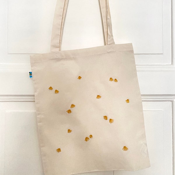 Jutebeutel Tote Bag bestickt mit Blümchen gelb 100% Bio Baumwolle Fairtrade nachhaltig