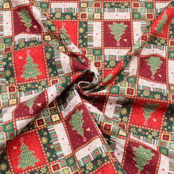 Tissu en coton Patch de Noël motif sapins rouge vert à 0,5 m