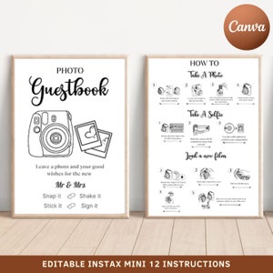 Instax Mini 12 Instructions Sign, Polaroid Guest Book Sign, Photo Guest Book Sign, How To Take A Photo, How To Load New Film, Canva Template