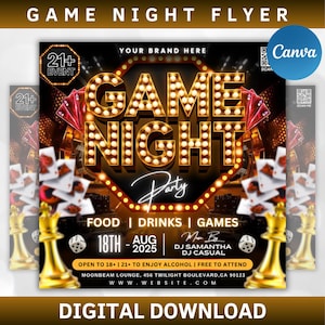 Game Night Flyer Party Club Party Flyer, Adult Event Flyer, , Game Night Template, Casino Night Flyer, Casino Night,  Poker Night Invite