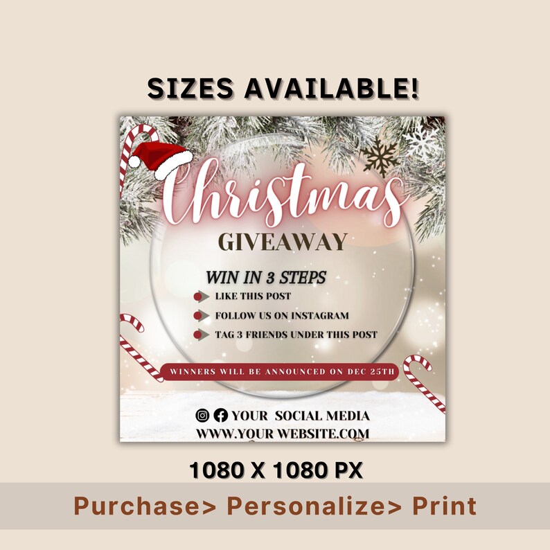 May include: A Christmas giveaway graphic with a snowy background and a red and white candy cane border. The text reads "Christmas Giveaway" and "Win in 3 Steps: Like this post, Follow us on Instagram, Tag 3 friends under this post". The graphic also includes a website address and social media icons.