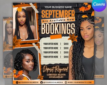 September Booking Flyer, Fall Makeup Deals, Appointment Flyer, Book Now Flyer, Hair, Nails, Makeup Lashes Braids Wigs, Canva Editable