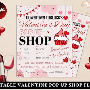 Puede incluir: Un folleto rosa y rojo con un diseño de corazón. El folleto anuncia una tienda emergente de San Valentín en el centro de Turlock. El folleto incluye la fecha, la hora y una lista de actividades. El texto del folleto dice: "Downtown Turlock's Valentine's Day Pop Up Shop. Day: Saturday. Date: 11 Feb 2023. Time: 11am to 5pm. Raffle | Food | Music | Games. Shopping | Activities | Family Fun. For more info contact us at ????????"